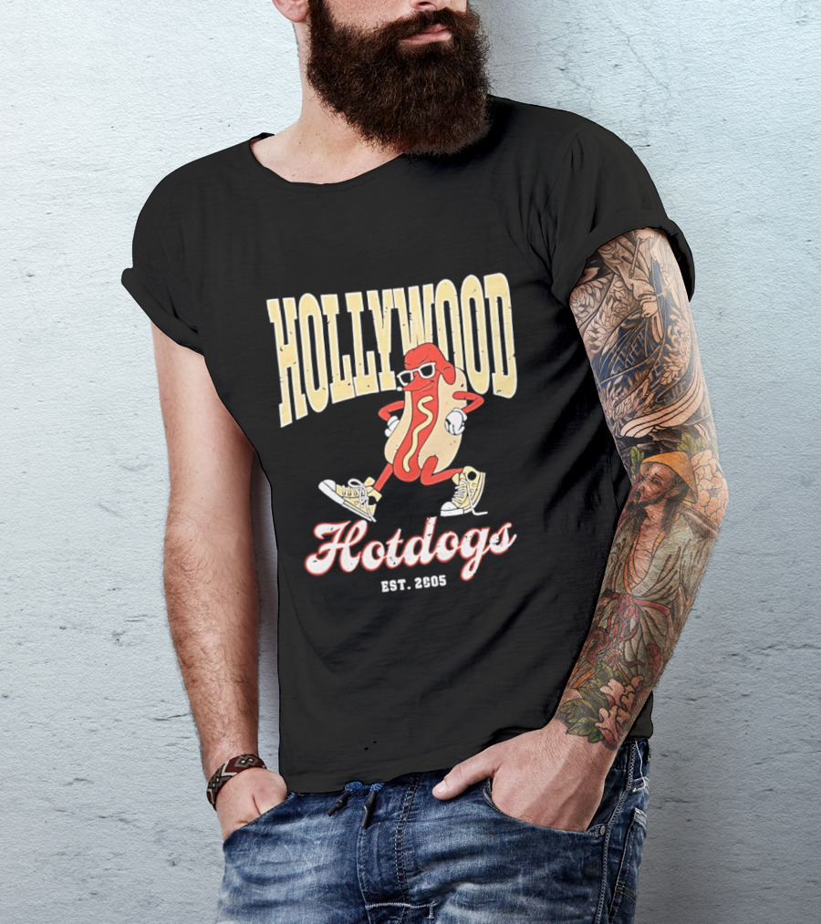 Hollywood Hotdogs Cool Mustard Character With Sunglasses Est 2005 T-Shirt