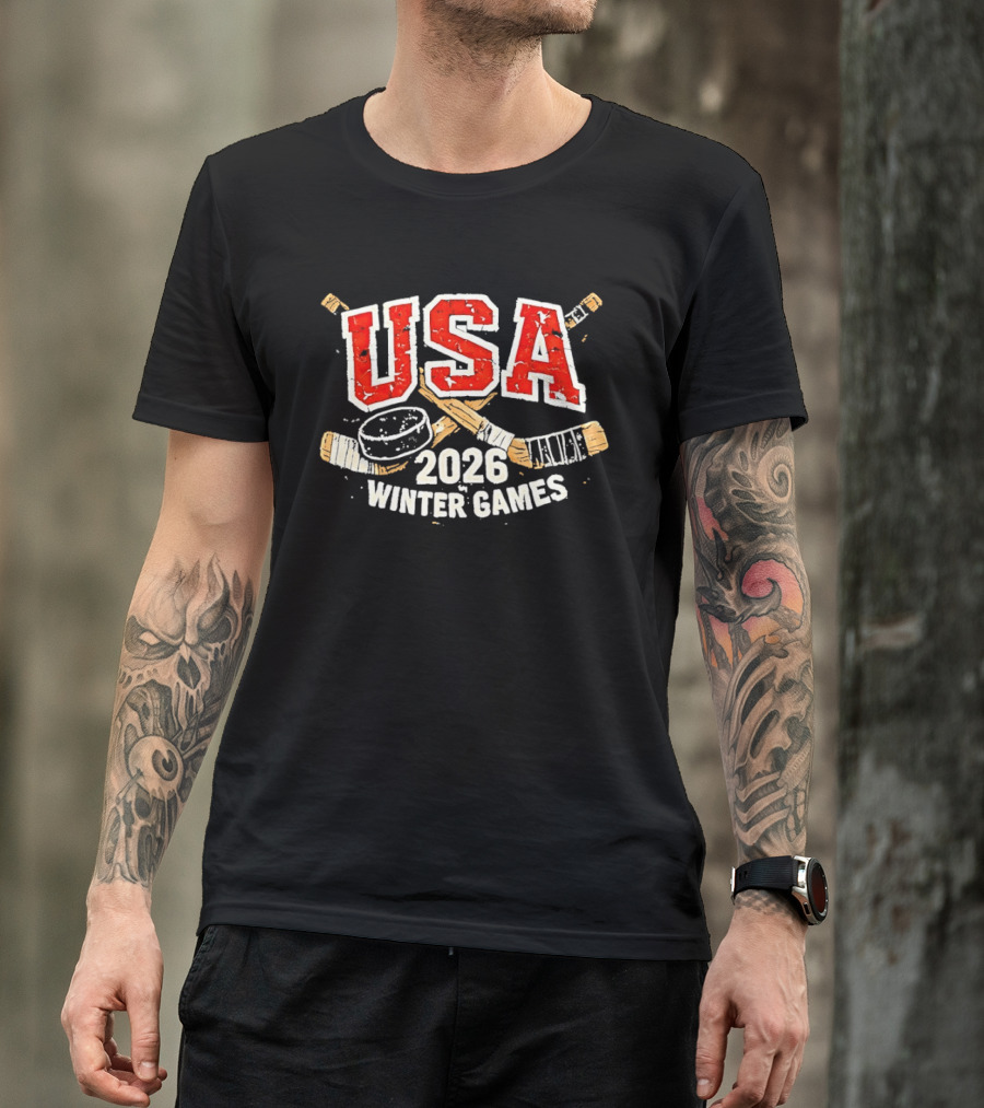 USA 2026 Winter Games Hockey Sticks And Puck T-Shirt