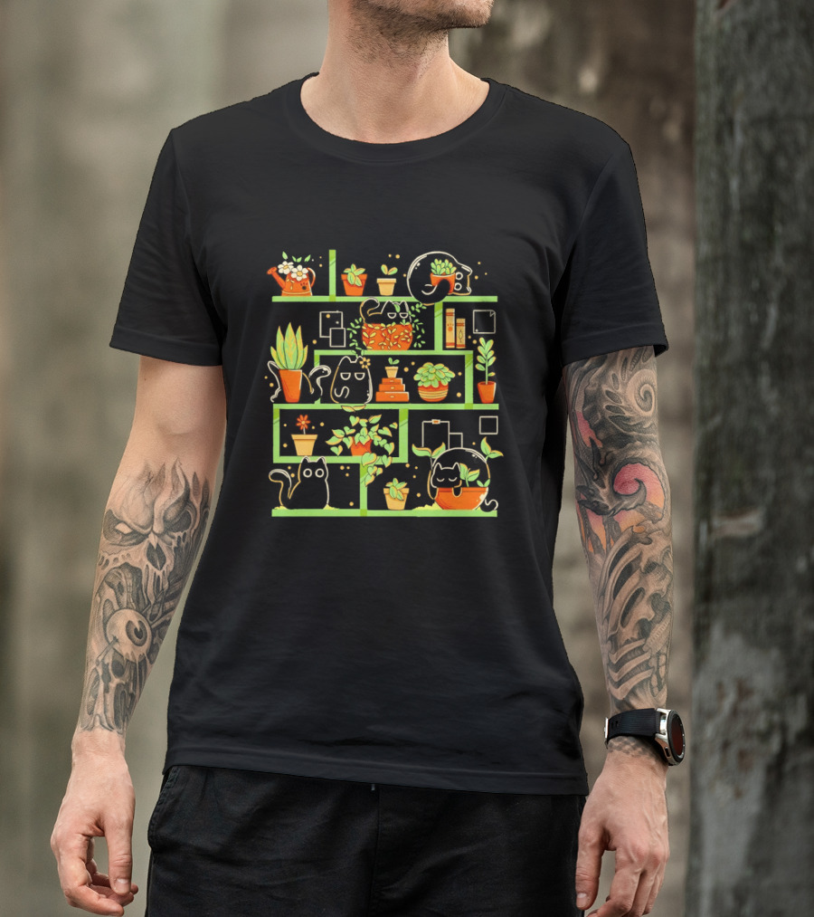 Kitten Garden Shelving With Plants And Teapots T-Shirt