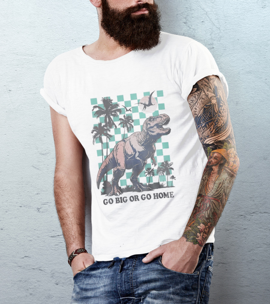 Tyrannosaurus Rex Go Big Or Go Home Palm Trees Checkerboard Sunset T-Shirt
