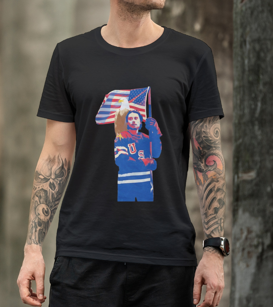 USA Hockey Jack Hughes American Flag Bald Eagle T-Shirt