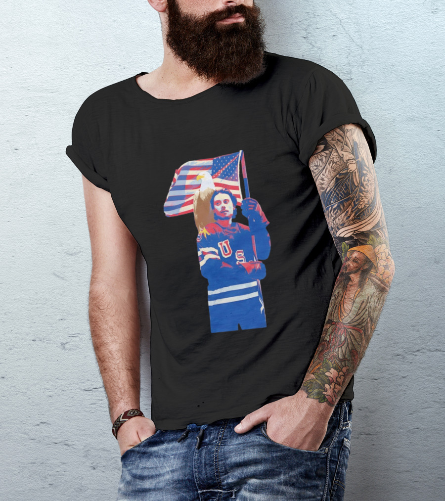 USA Hockey Jack Hughes American Flag Bald Eagle T-Shirt