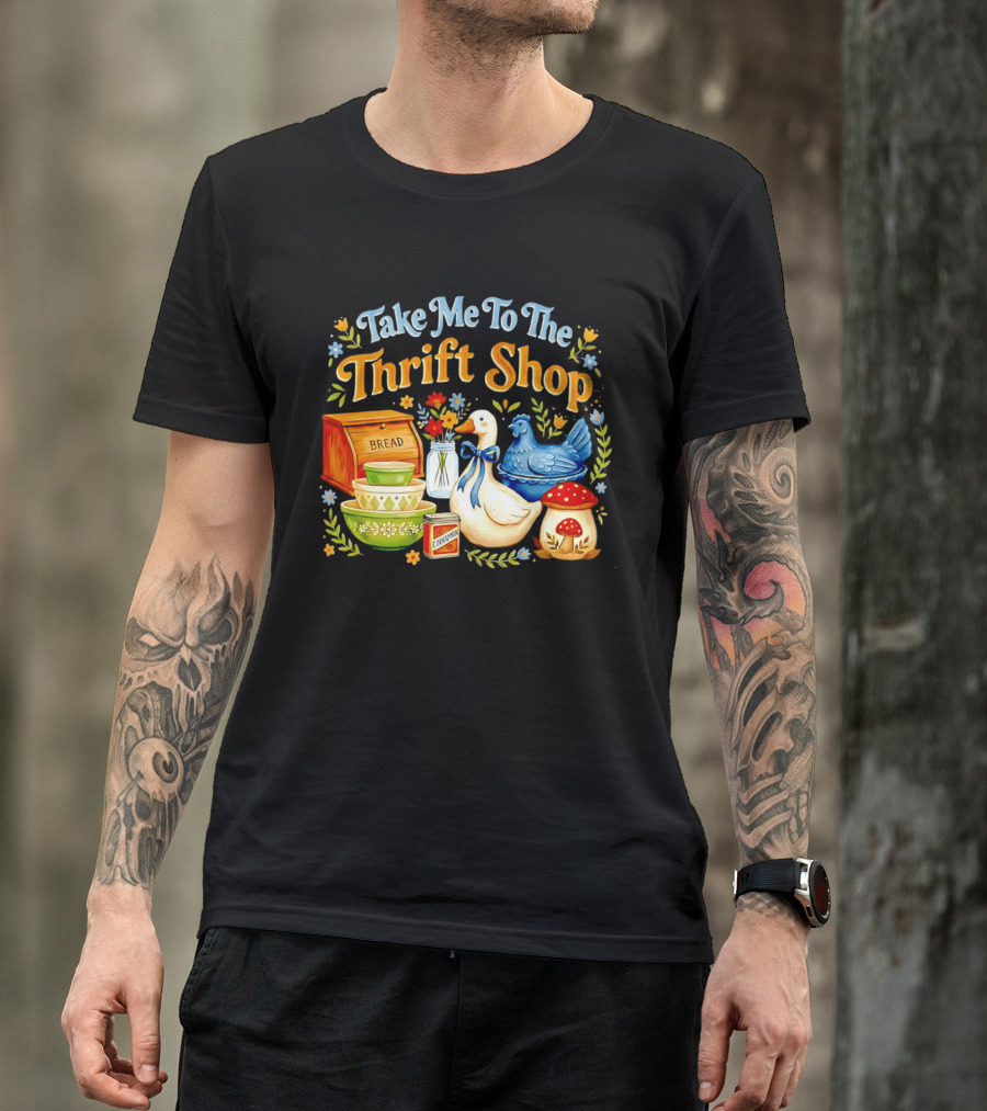 Take Me To The Thrift Shop Vintage Duck Design With Bread And Mushroom T-Shirt