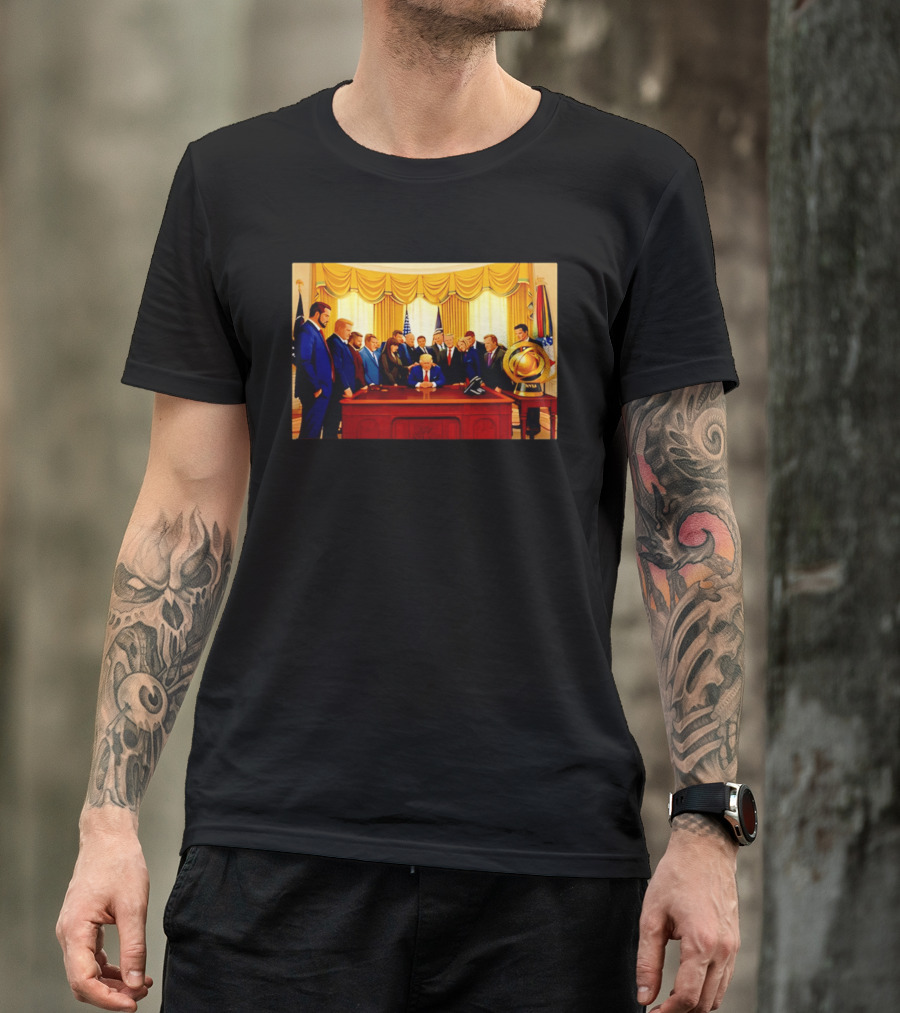 Oval Office Prayer Gathering Trump Anime Style Amid Iran Tensions T-Shirt
