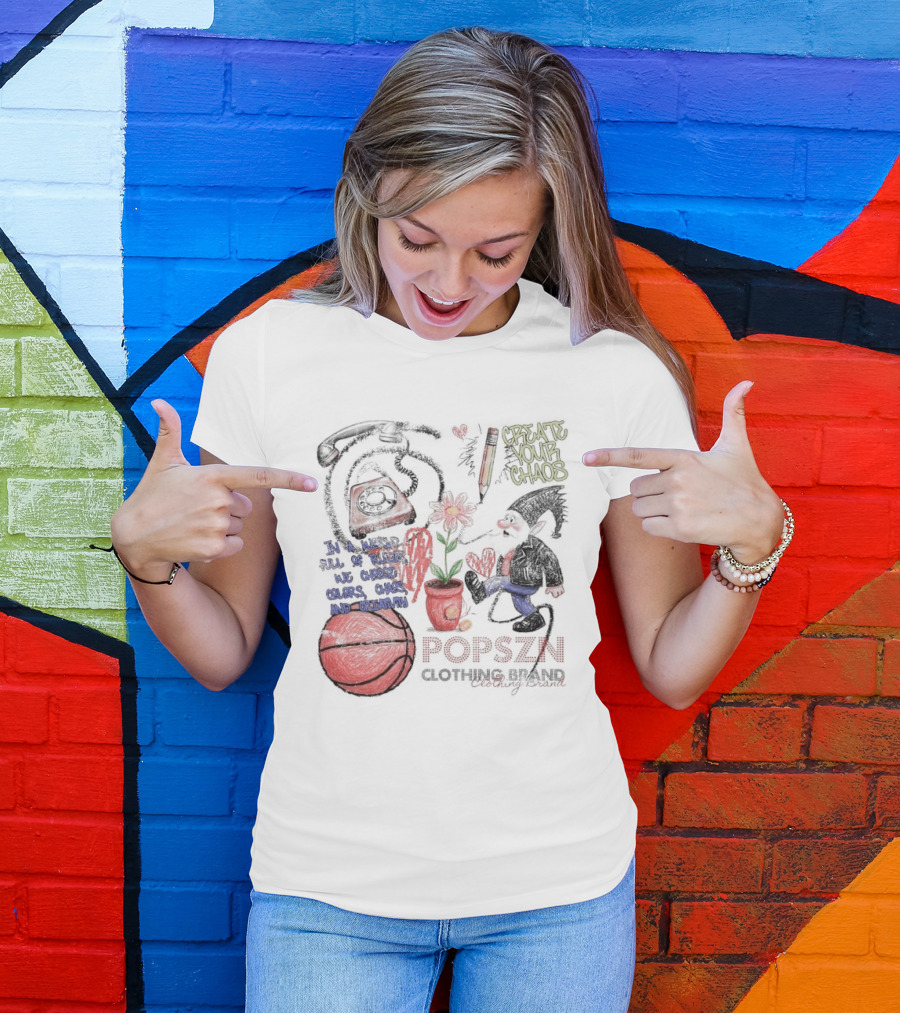 Popszn Create Your Chaos Basketball Gnome And Vintage Phone With Heart Flower T-Shirt