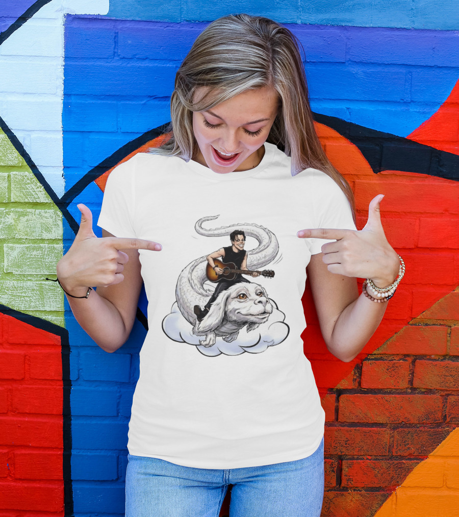 Rock God With Guitar On Falkor Flying Creature Inspired Fantasy Scene T-Shirt