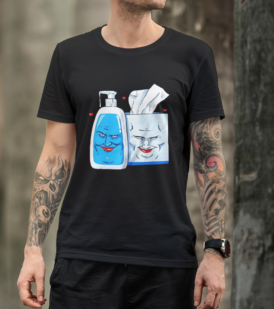 Smiling Blue Lotion Bottle And Tissue Box Meme With Red Lips And Hearts T-Shirt