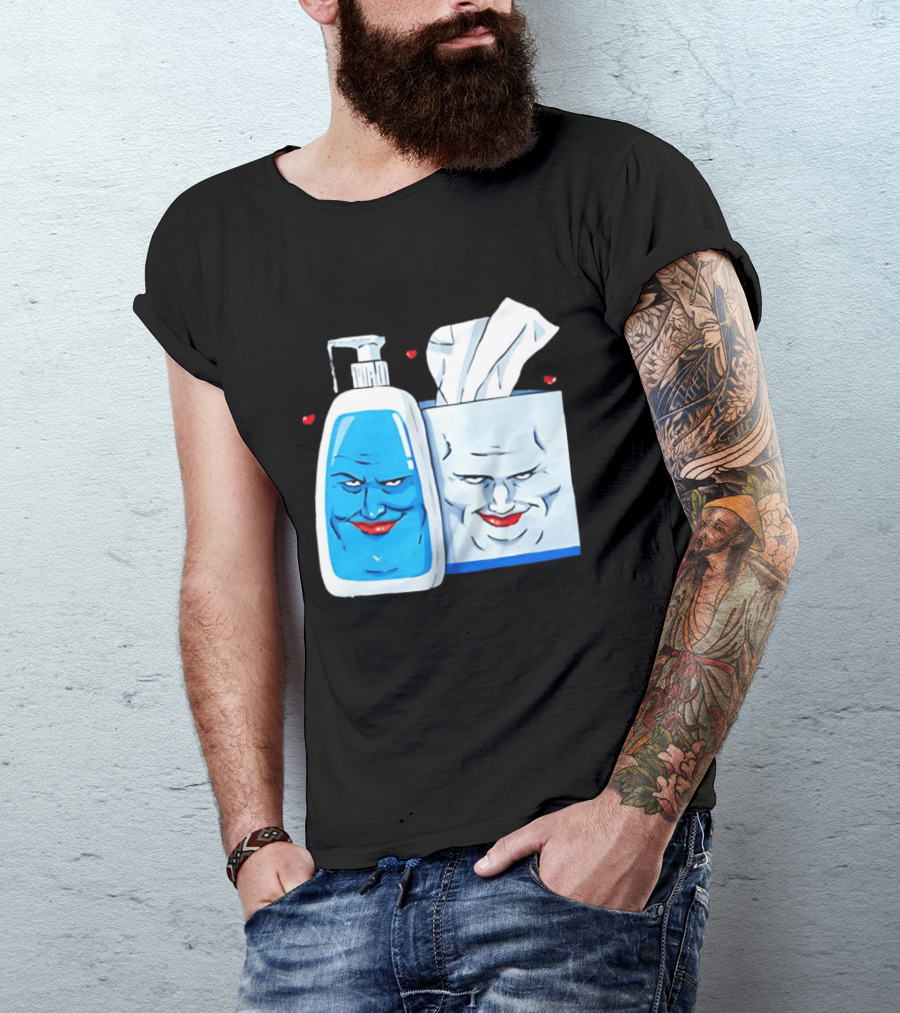 Smiling Blue Lotion Bottle And Tissue Box Meme With Red Lips And Hearts T-Shirt