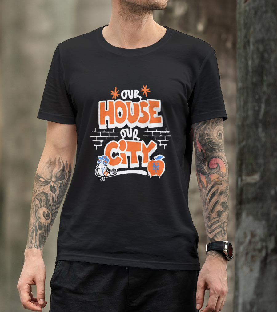New York Mets Our House Our City Team Logo Pigeon And Apple T-Shirt