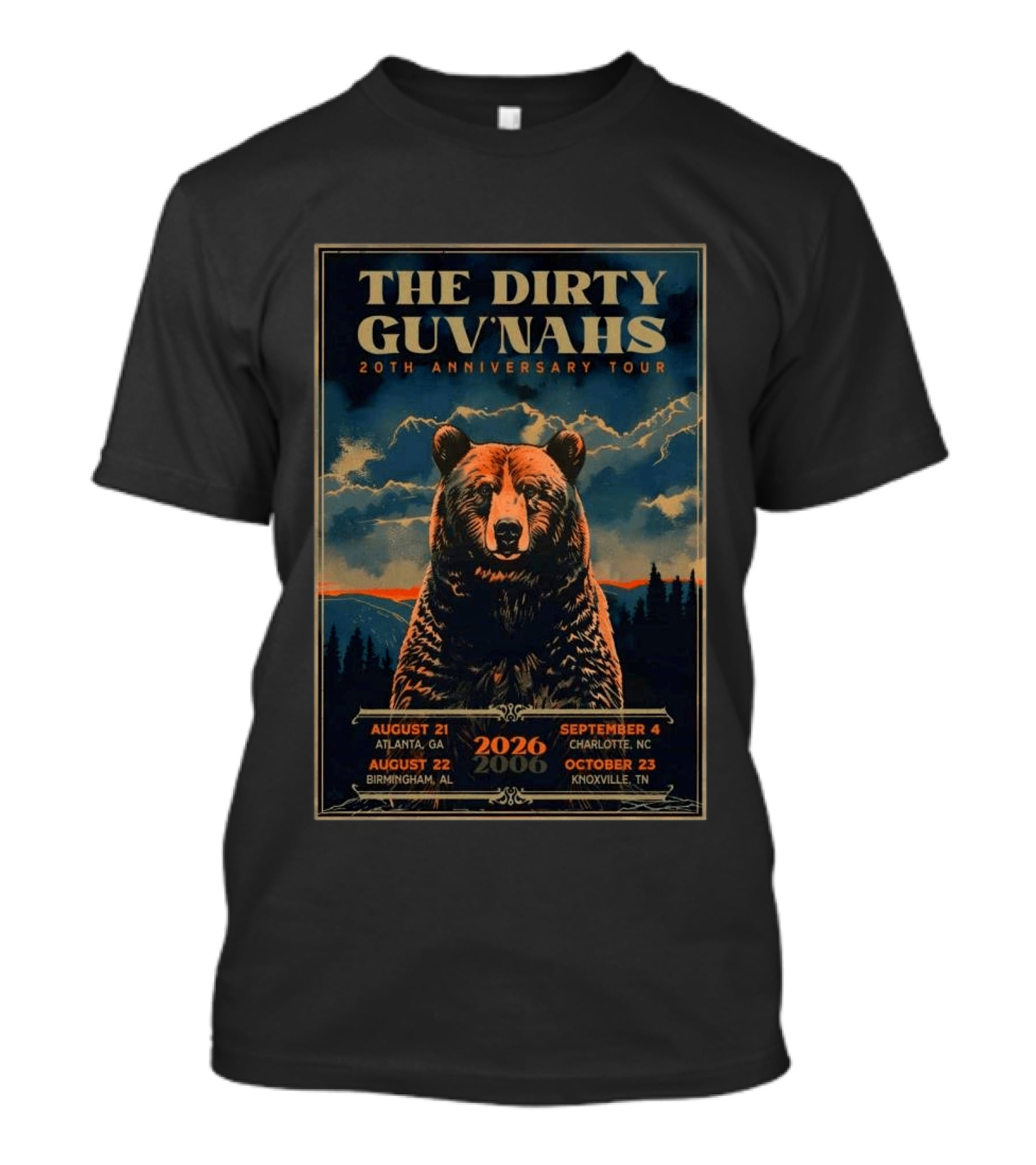 The Dirty Guv'nahs 20th Anniversary Tour 2026 Atlanta Birmingham Charlotte Knoxville Shows Bear Image T-Shirt