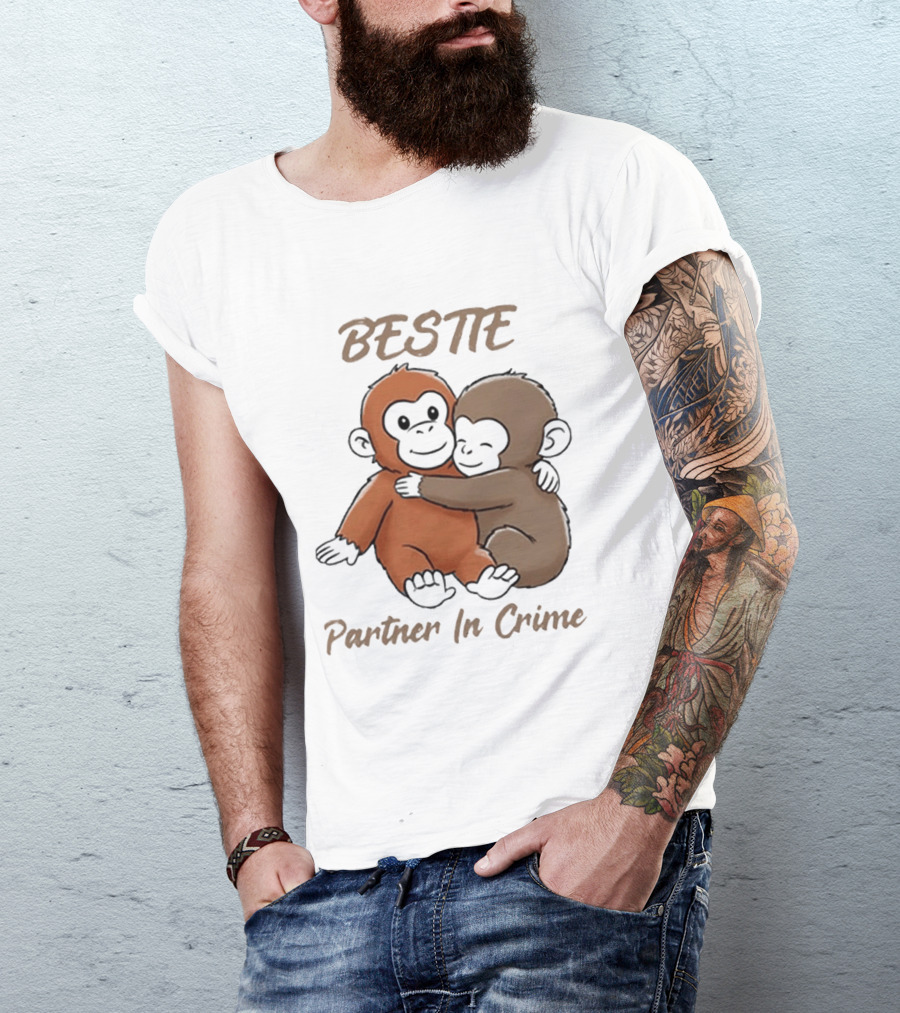 Bestie Partner In Crime Cute Monkey Hug Friendship T-Shirt
