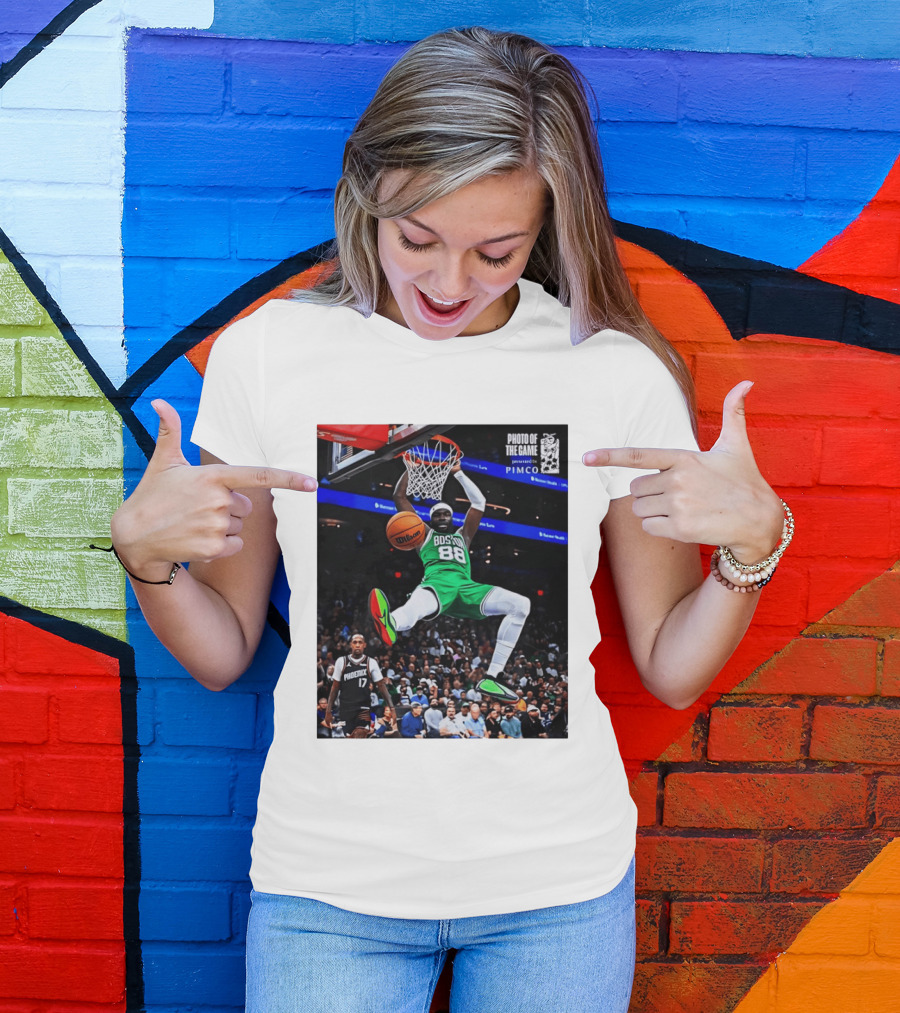 Neemias Queta Boston Celtics Dunk Action Photo With PIMCO At NBA Game T-Shirt
