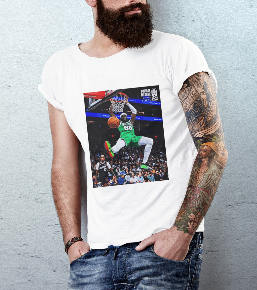 Neemias Queta Boston Celtics Dunk Action Photo With PIMCO At NBA Game T-Shirt