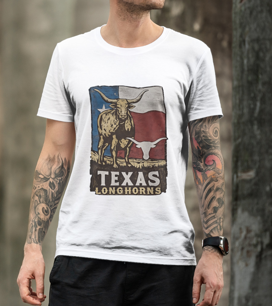 Texas Longhorns Flag Vintage Style Cow T-Shirt