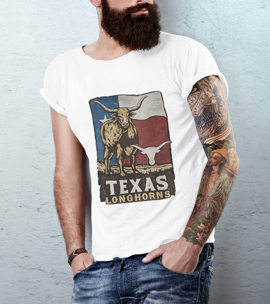 Texas Longhorns Flag Vintage Style Cow T-Shirt