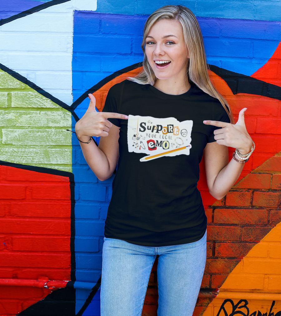 Support Your Local Emo Cutout Style With Pencil And Emojis T-Shirt