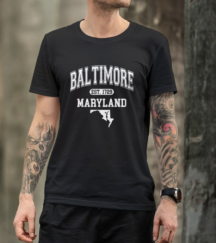 Baltimore Maryland EST 1729 Varsity Style With State T-Shirt
