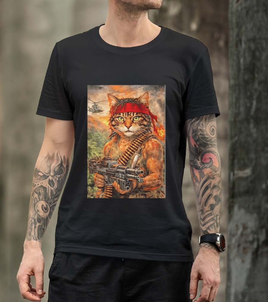 Rambo Cat With MG 3 Gun On Battlefield With Helicopter And Jungle Backdrop T-Shirt
