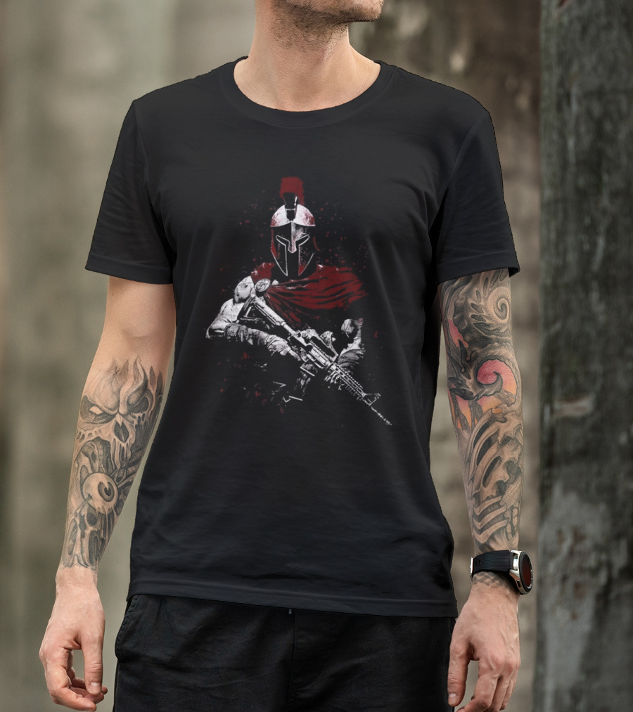 Warrior Ethos Holding Gun Wearing Spartan Helmet Blood Red Cape T-Shirt