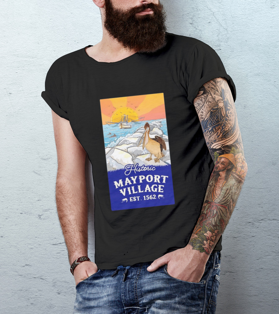 Historic Mayport Village EST 1562 Ocean Sunrise Pelican And Fishing Boat T-Shirt