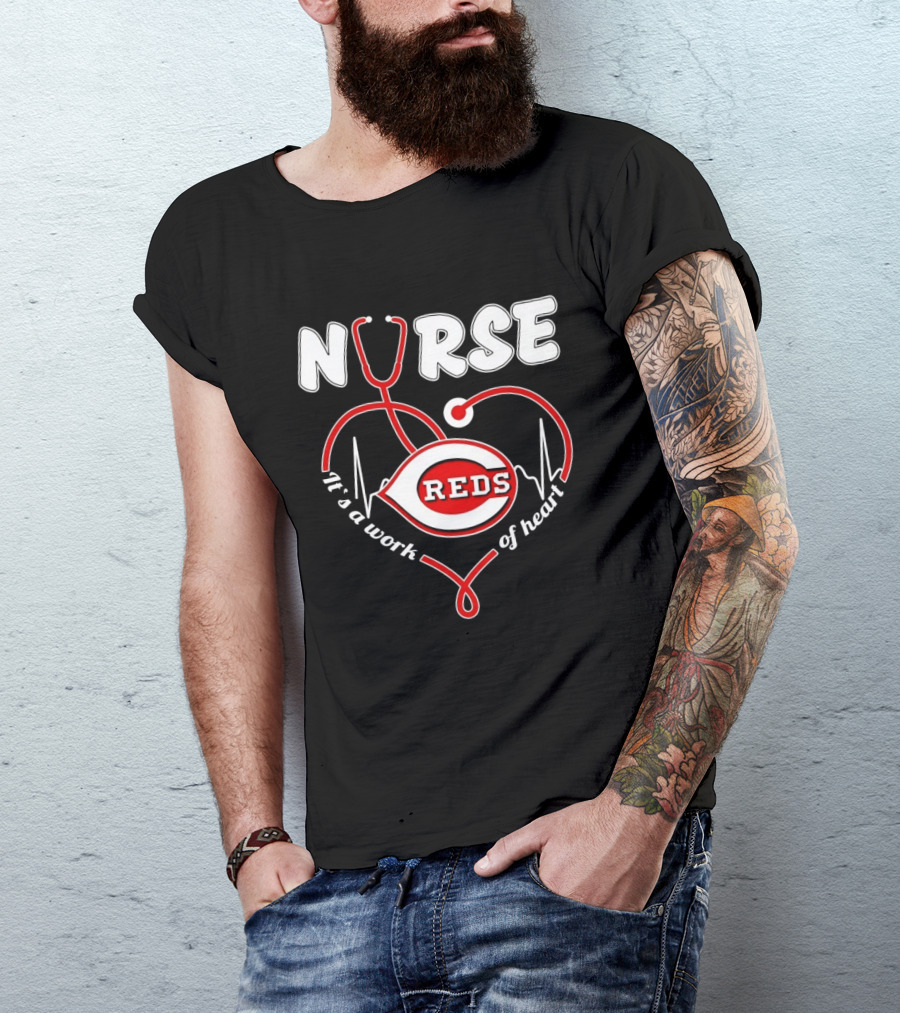 Cincinnati Reds Nurse Stethoscope It's A Work Of Heart T-Shirt
