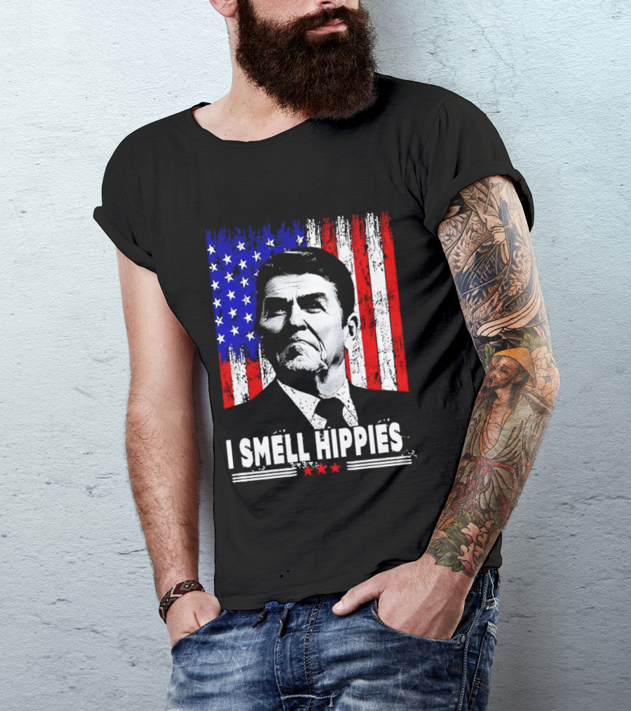 I Smell Hippies Reagan USA Flag Stars And Stripes T-Shirt