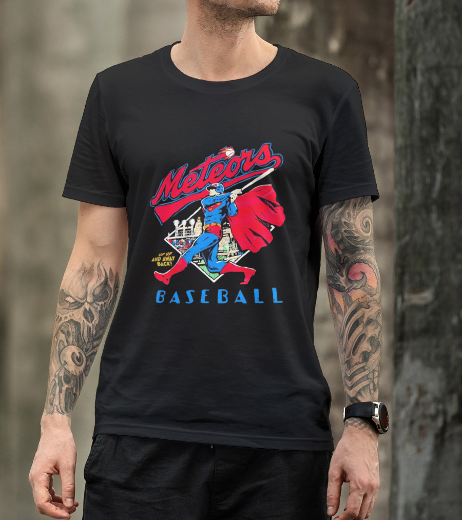 Meteors Baseball Superhero Swinging Bat Power City Stadium Iconic Comic T-Shirt