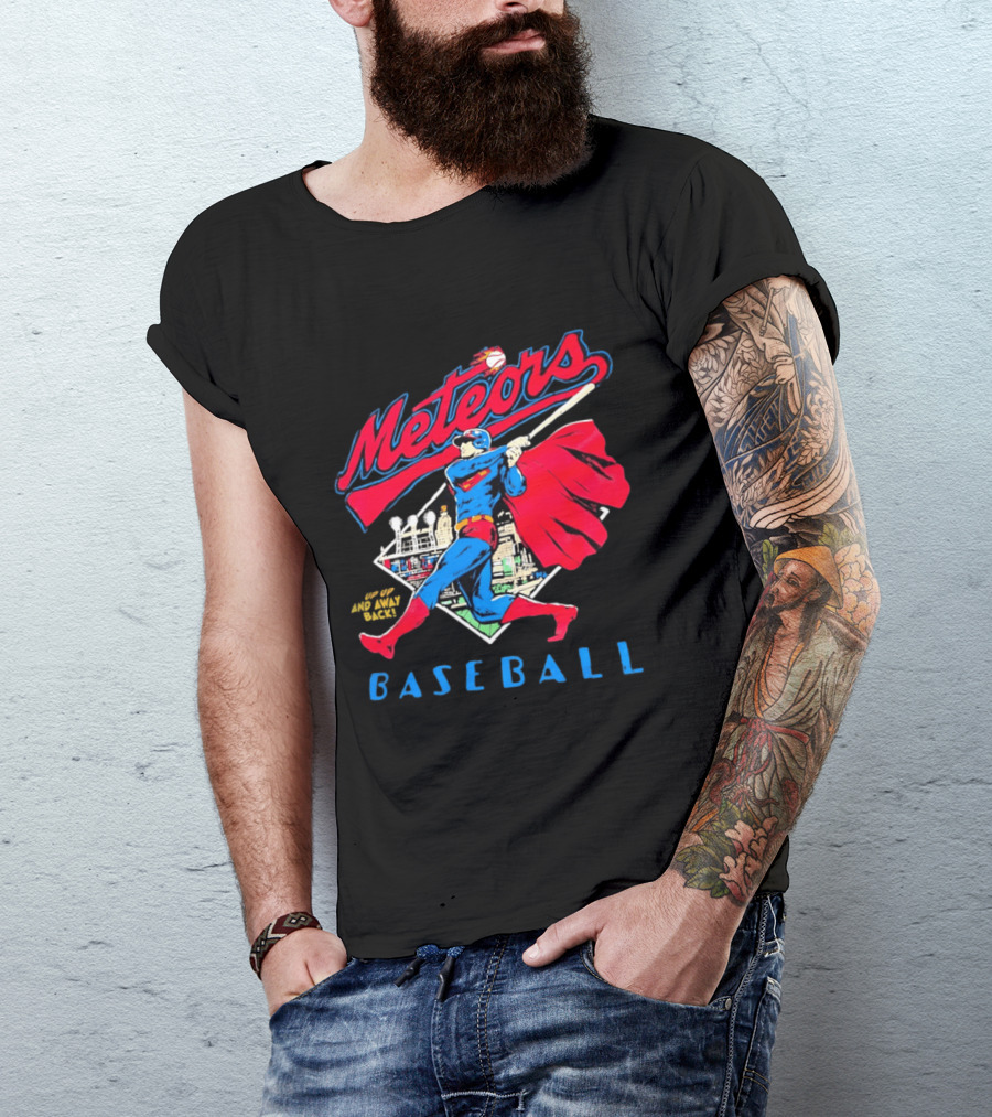 Meteors Baseball Superhero Swinging Bat Power City Stadium Iconic Comic T-Shirt