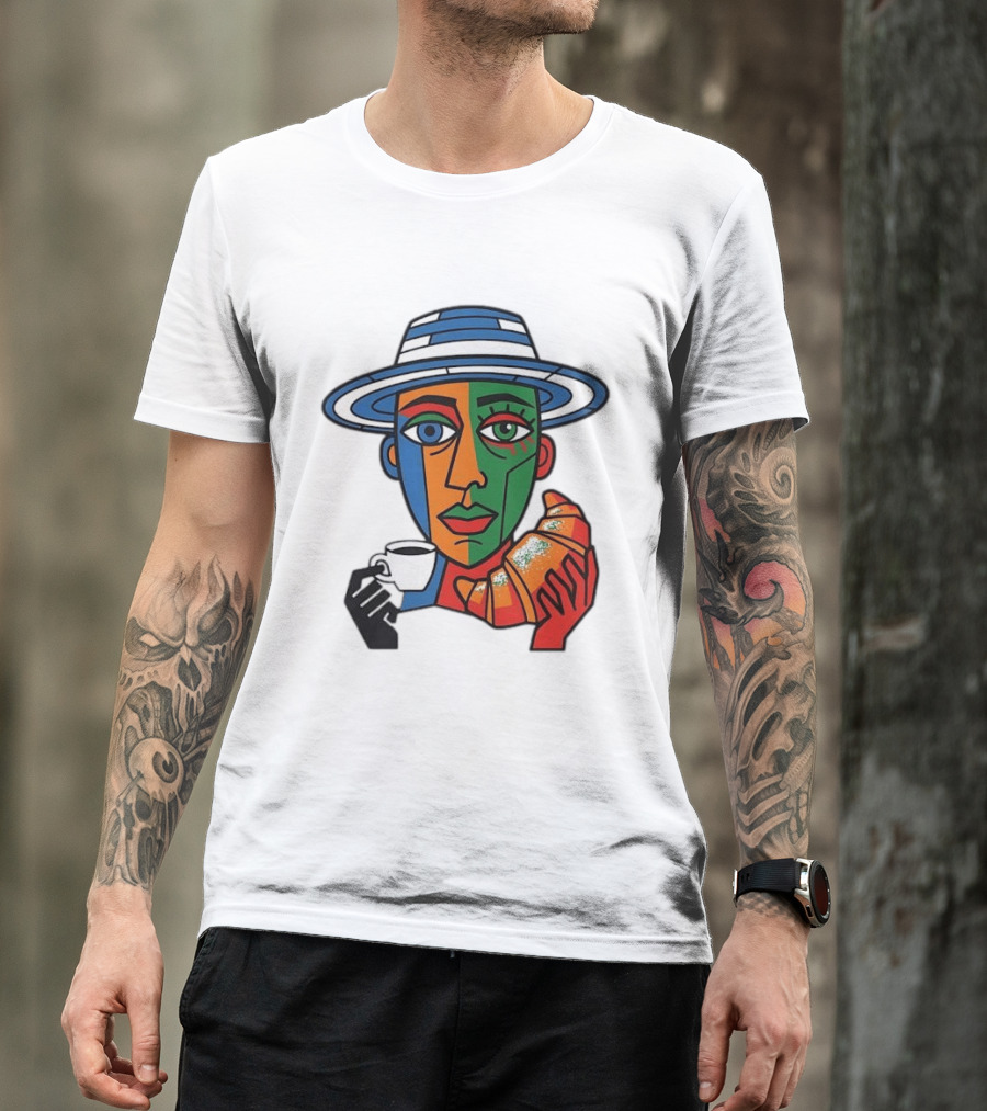 Cubist Coffee Drinker With Hat And Croissant T-Shirt
