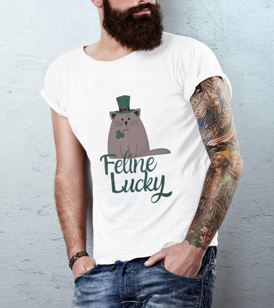St Patrick's Day Feline Lucky Cat With Shamrock Hat T-Shirt