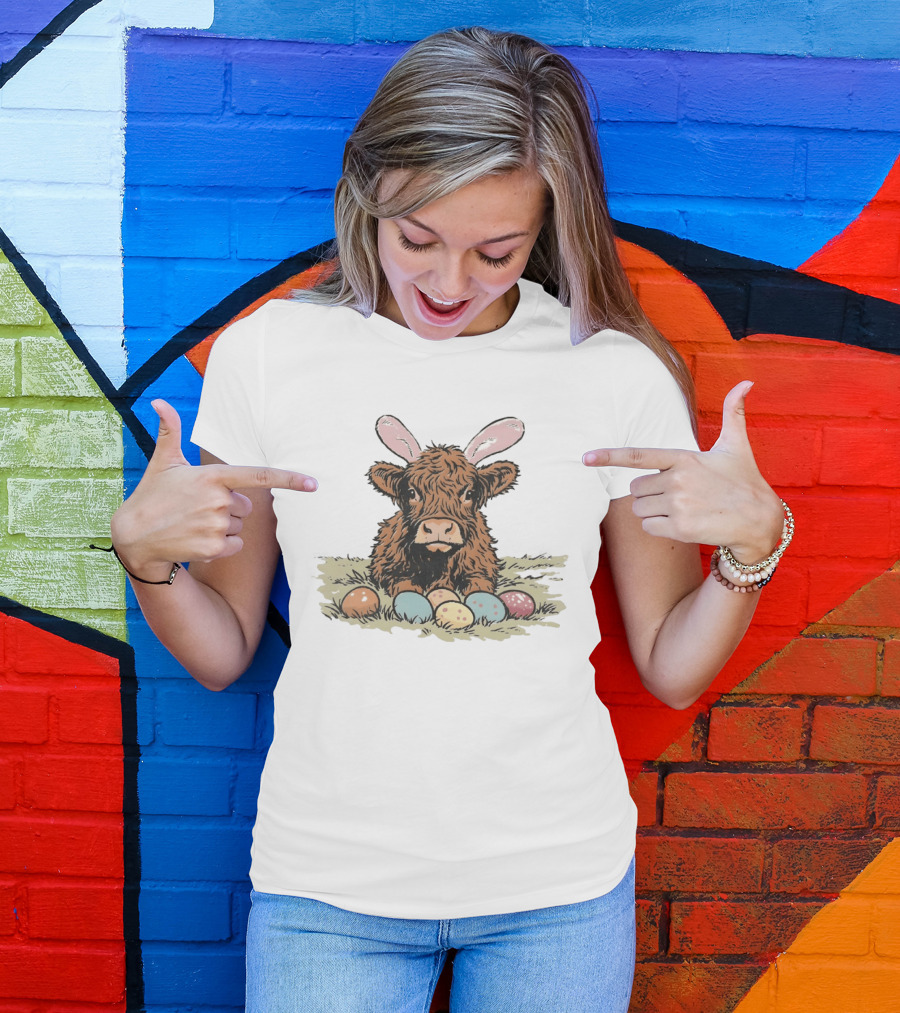 Highland Cow With Easter Eggs And Bunny Ears Easter Day 2026 T-Shirt