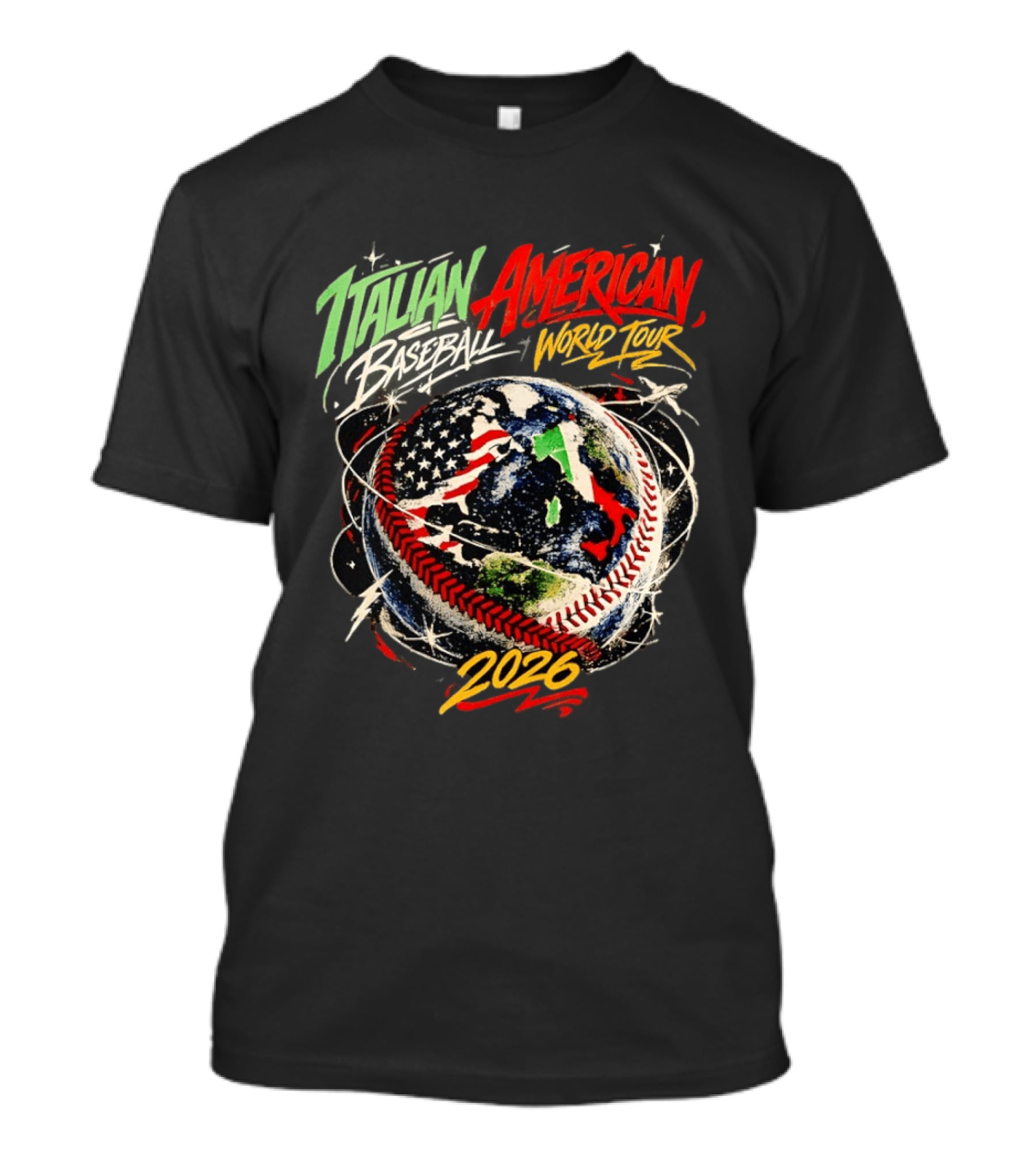Italian American Baseball World Tour 2026 Flag Design Globe Baseball T-Shirt