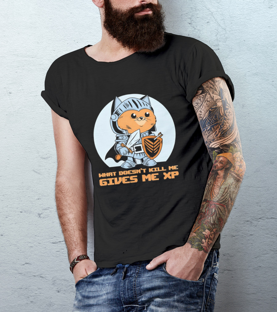 Knight Cat Holding Sword And Shield What Doesn't Kill Me Gives Me XP T-Shirt