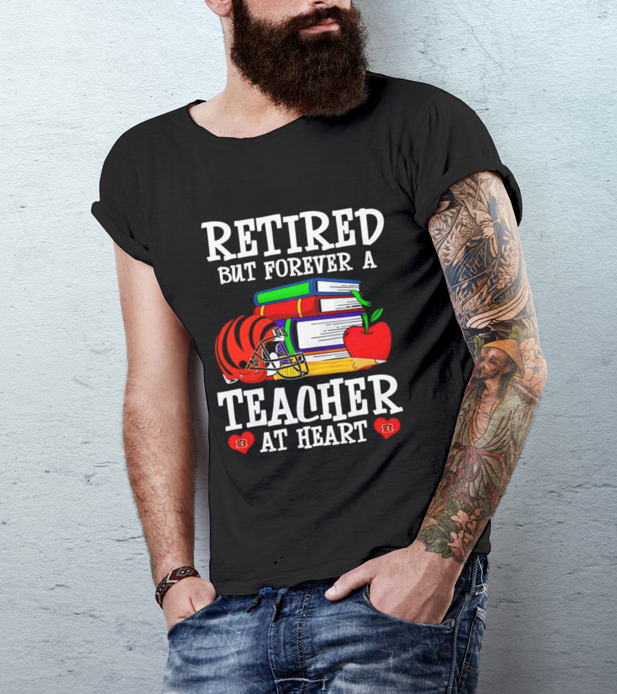 Retired But Forever A Teacher At Heart With Books Helmet And Apple T-Shirt