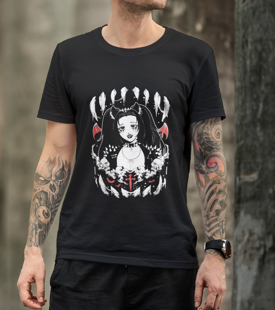 Emo Gothic Girl Bat Wings Cross And Skull Elements Dark Aesthetic T-Shirt