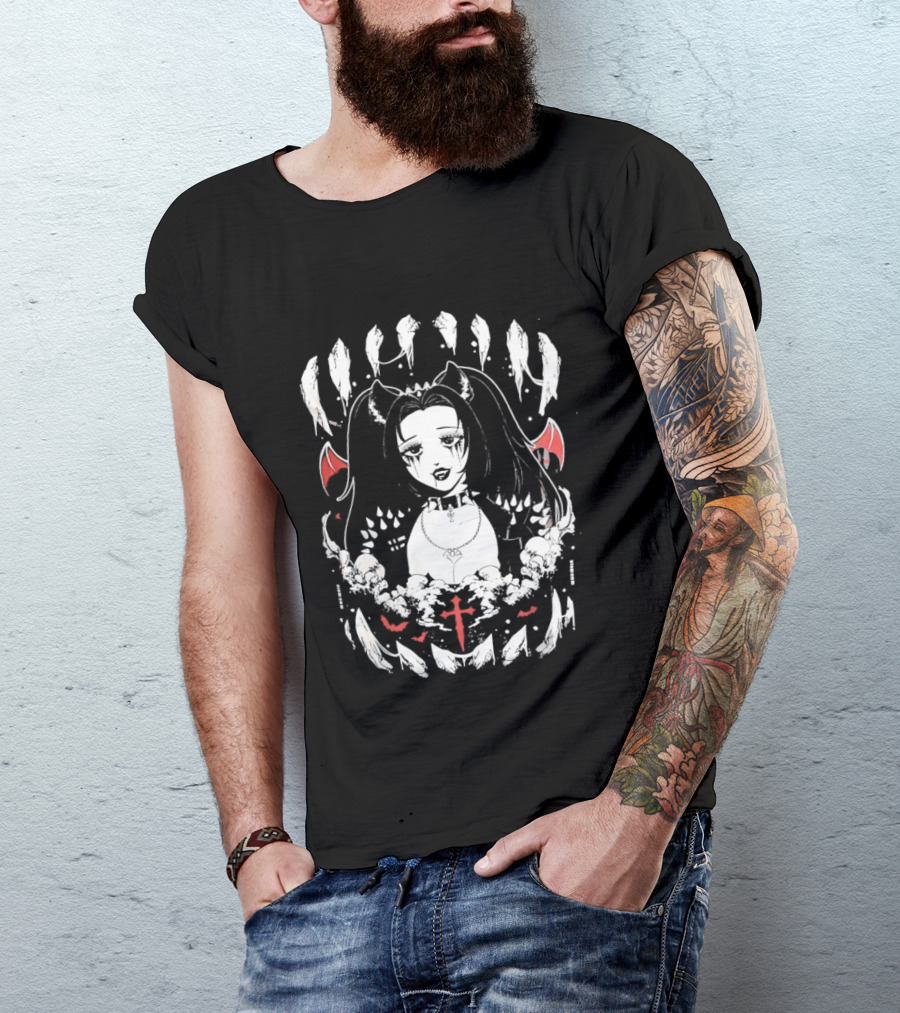 Emo Gothic Girl Bat Wings Cross And Skull Elements Dark Aesthetic T-Shirt