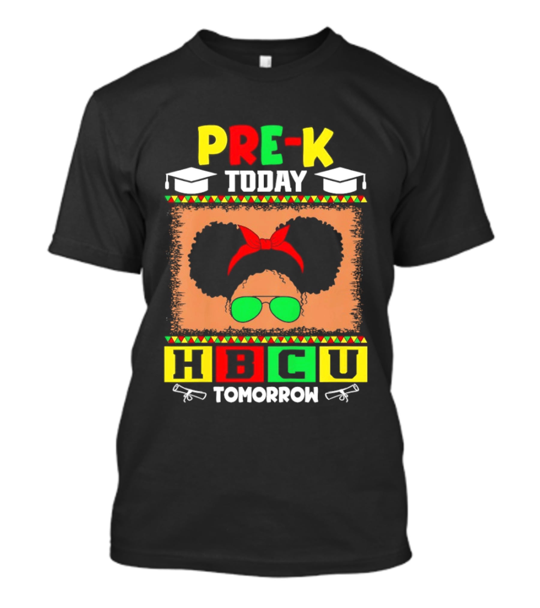 Pre K Today HBCU Tomorrow Graduation Caps Green Red Yellow Blocks T-Shirt