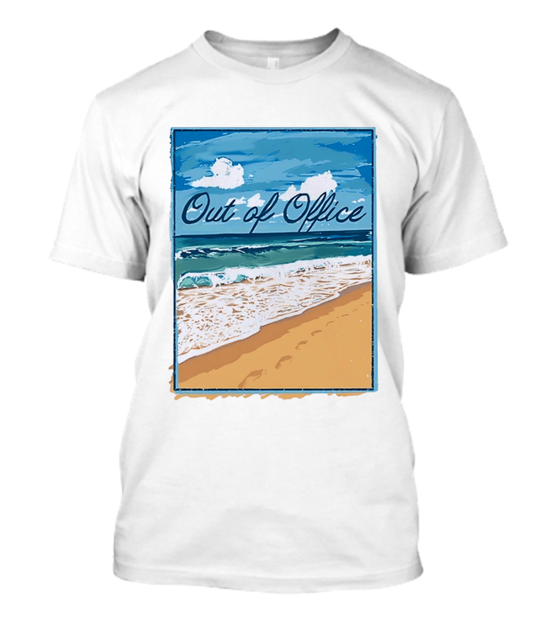 Out Of Office Beach Painting Photo 2025 Blue Sky Ocean Waves Sand T-Shirt