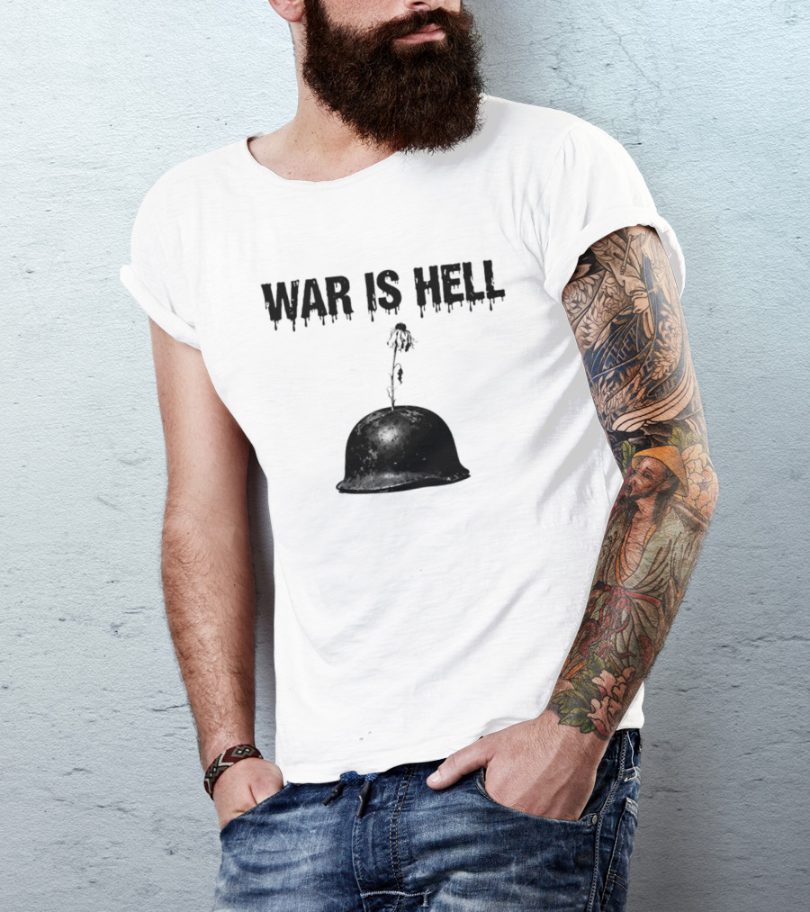War Is Hell Military Helmet Flower Artillery Contrast T-Shirt