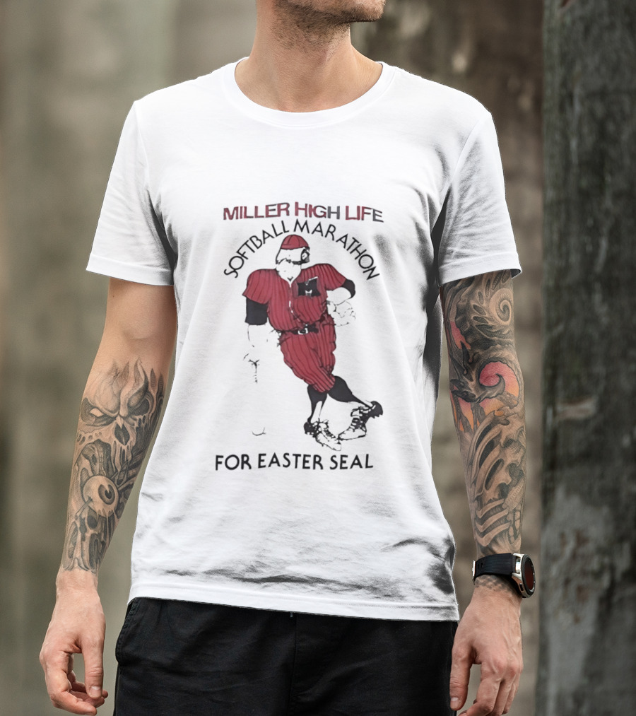 Miller High Life Softball Marathon For Easter Seal Player In Red Uniform T-Shirt