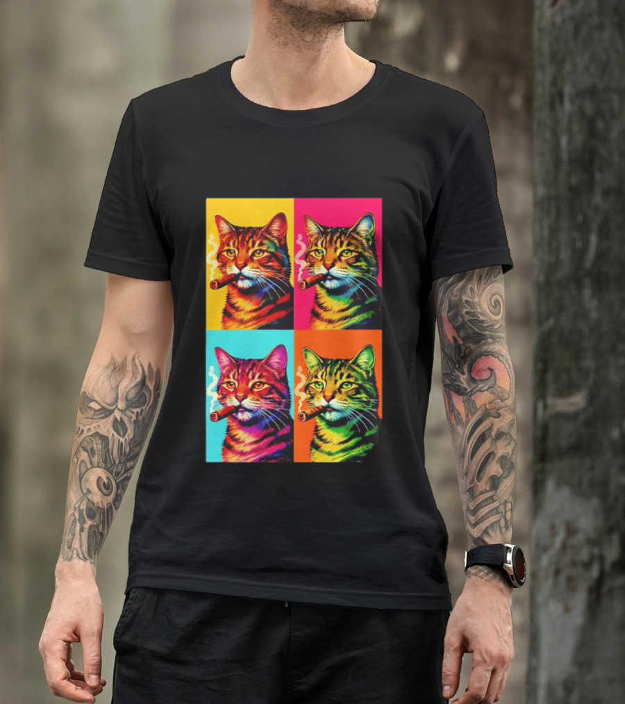 Pop Art Cat Smoking Cigar Colorful Comic T-Shirt
