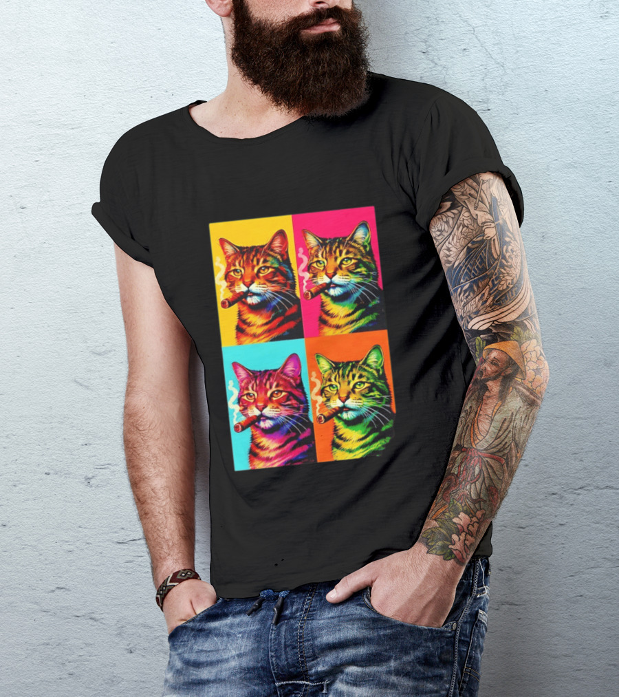 Pop Art Cat Smoking Cigar Colorful Comic T-Shirt