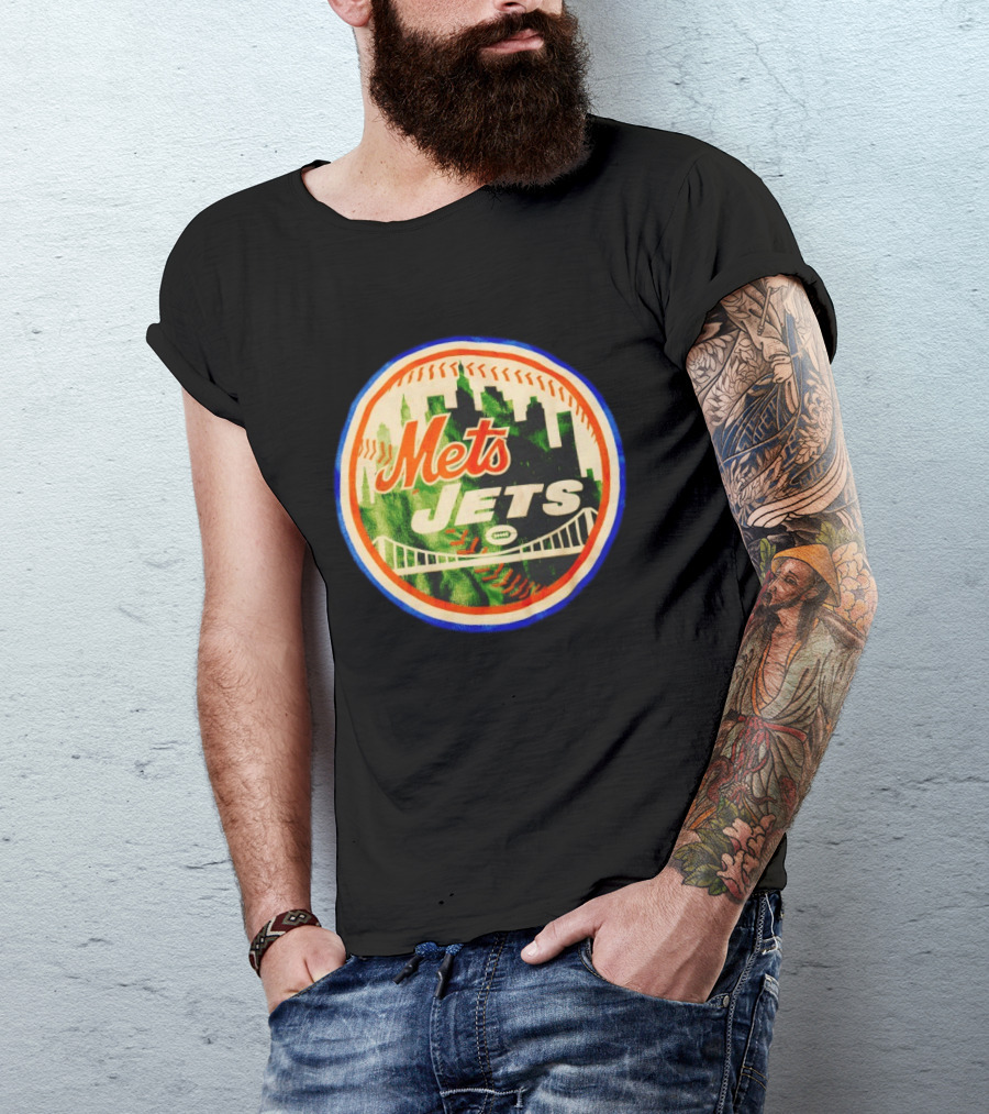 New York Mets Jets Football Baseball Crossover Skyline Bridge T-Shirt