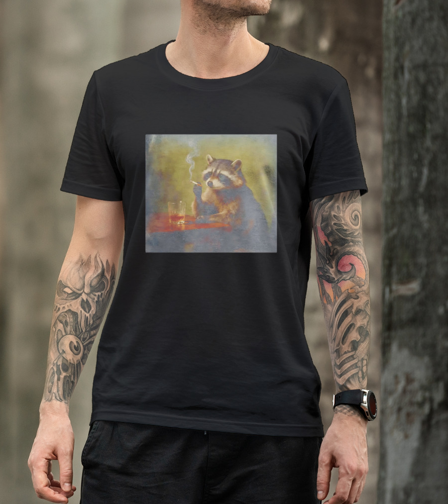 Sad Raccoon Smoking Cigarette And Drinking Whiskey Scene T-Shirt