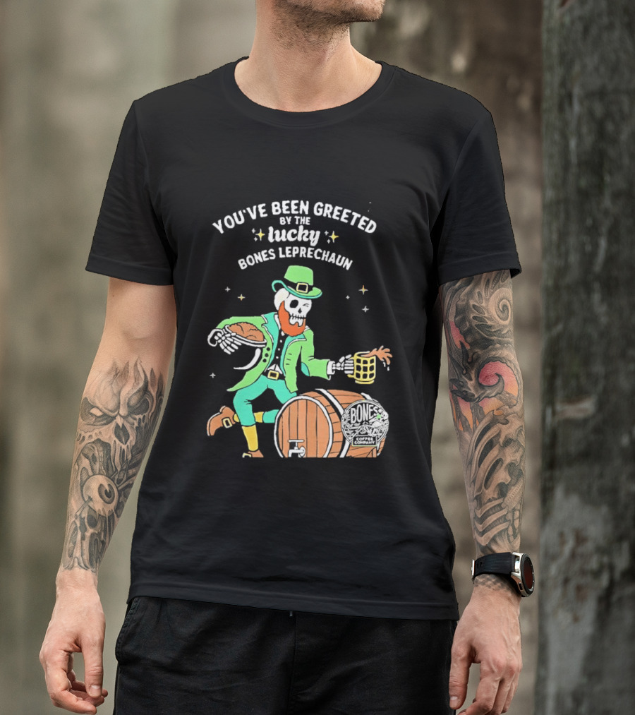 Lucky Bones Leprechaun With Beer And Barrel Celebration T-Shirt