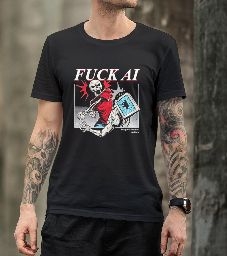Skeleton Punch Robot Fuck AI Support Human Artists T-Shirt