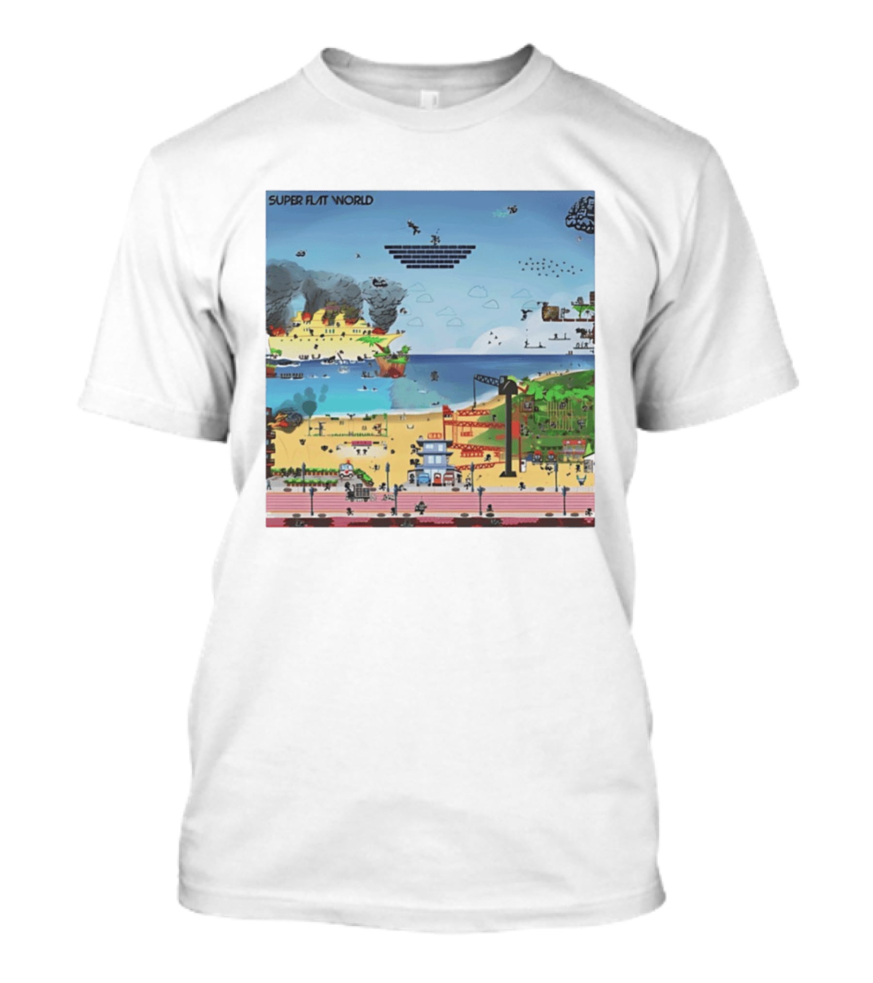 Super Flat World Cartoon Pixel Art Adventure Beach Cityscape Fantasy T-Shirt