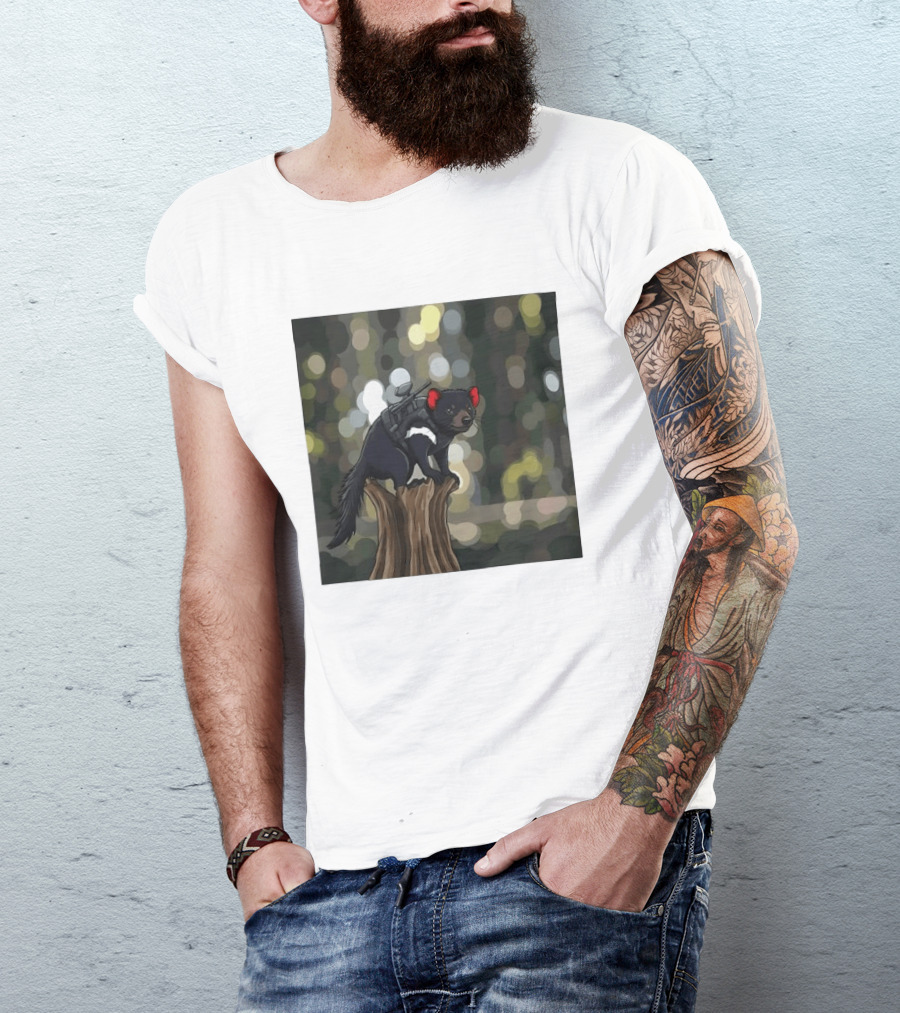 Tasmanian Devil With Machine Gun Cartoon On Tree Stump T-Shirt