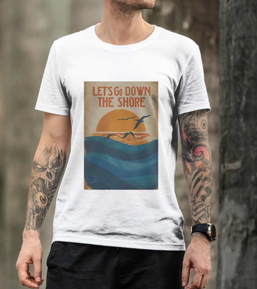 Let's Go Down The Shore Seaside Sunset Ocean Waves And Seagulls T-Shirt