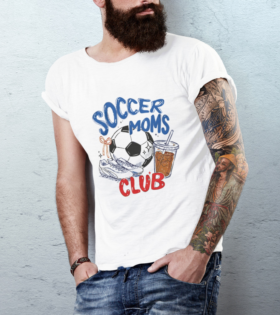Soccer Moms Club With Soccer Ball Cleats And Iced Drink T-Shirt